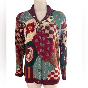 Vintage 90’s The Eagle’s Eye Hand Knit Folk Art Patchwork Cardigan Sweater Small